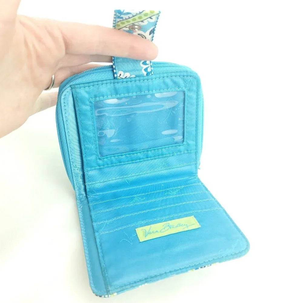 Vera Bradley Girls Blue Paisley Inner Pocket Snap Front Zip Around Bifold Wallet